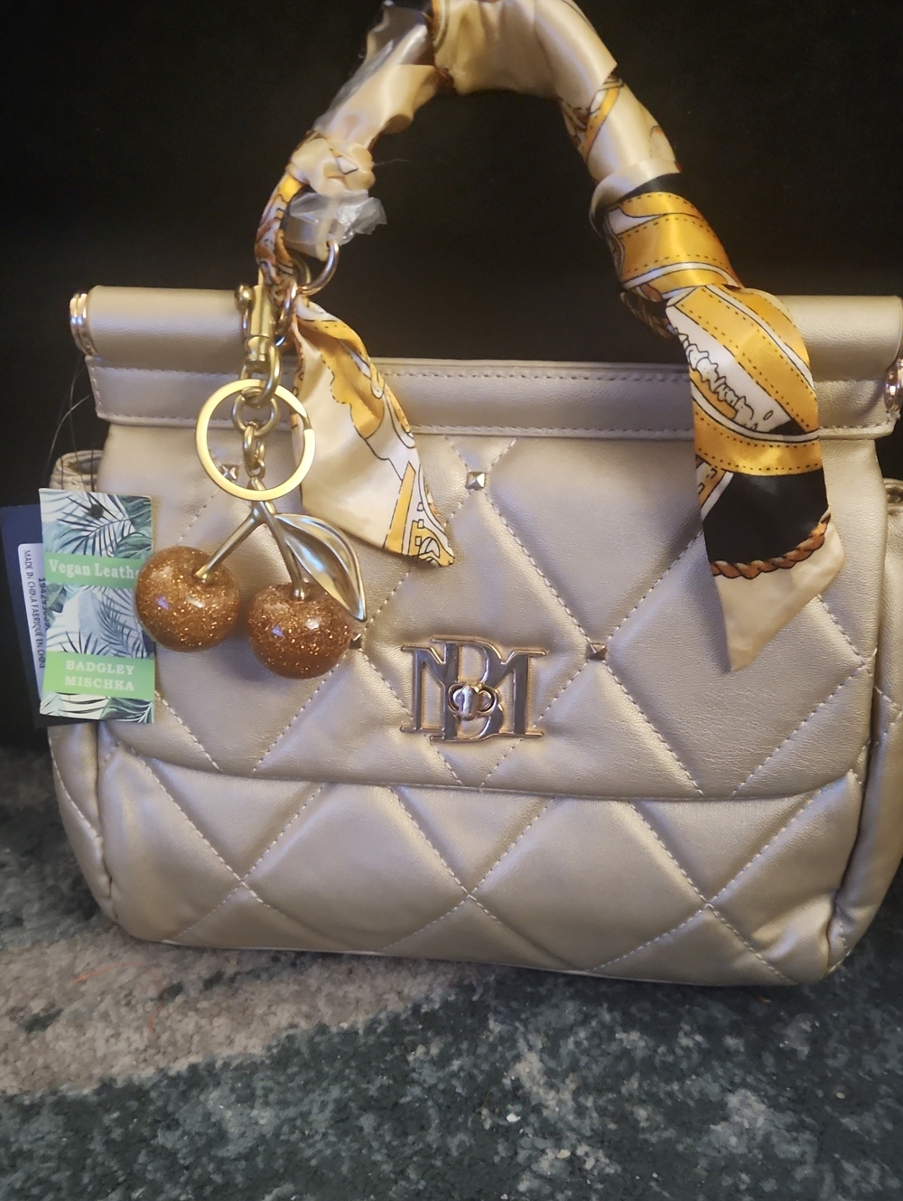Badgley Mischka Champagne Gold Quilted Satchel with Scarf-Wrapped Handle
